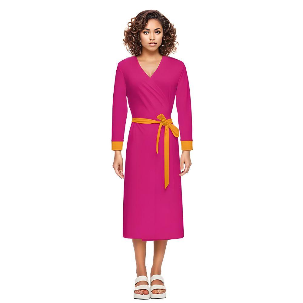 Flight 929 Pink 3/4 Sleeve V-neck Wrap Midi Dress Slim Fit Orange Accents Belt Sleek Solid Mod Bold Vibrant Blissfully Brand Airline Series Plus Sizes