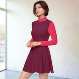 Stylish burgundy and red velour A-line dress with long sleeves and mock neck - Retro Chic Modern Airline series by Blissfully Brand