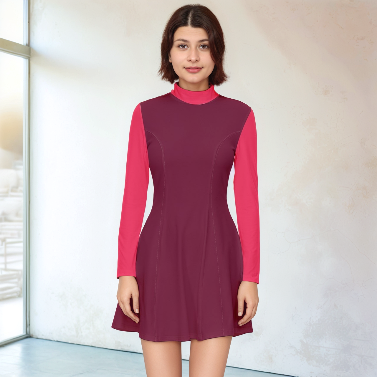 Honolulu Velour Color Block Long Sleeve Flare Dress