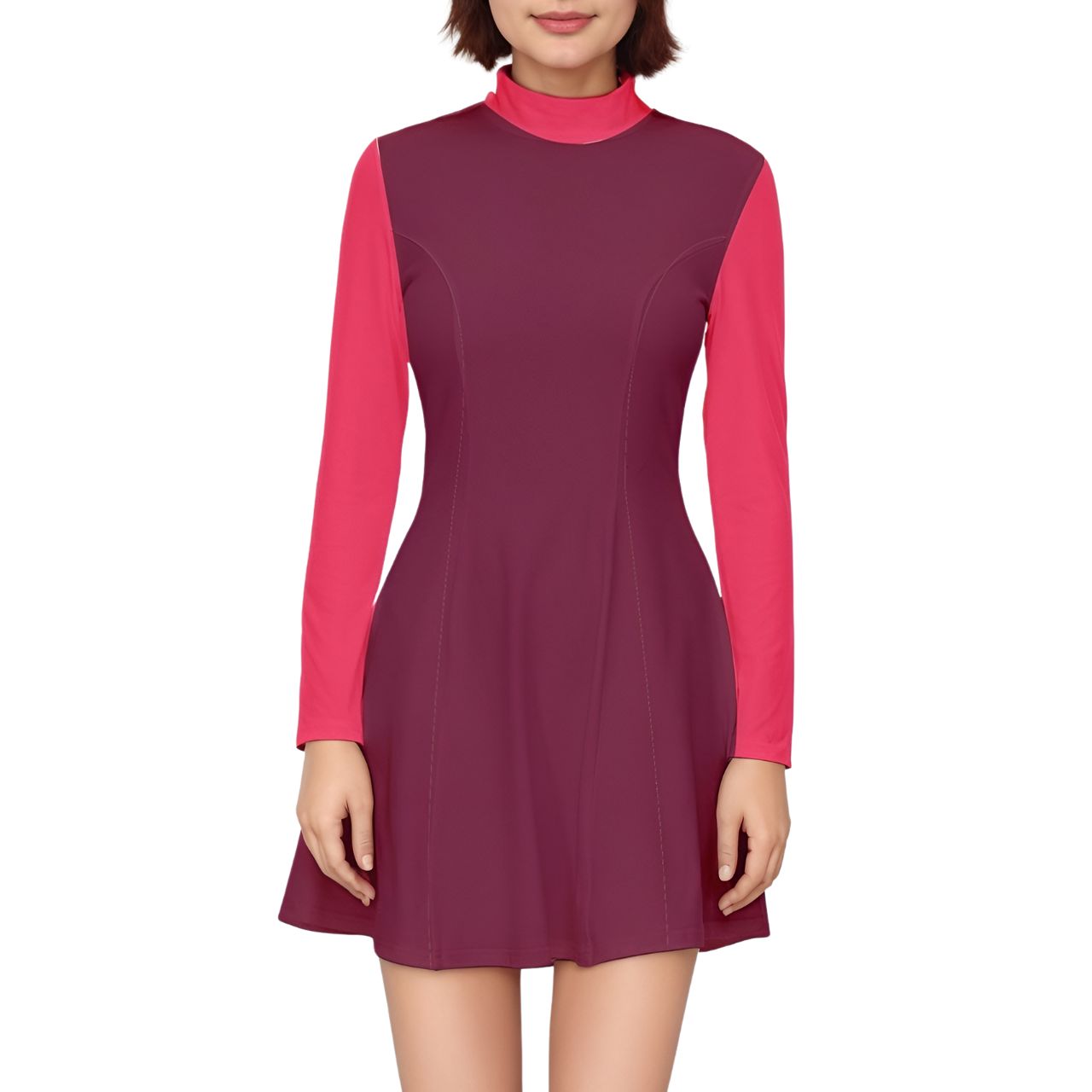 Two-tone burgundy and red mock neck velour A-line dress with long sleeves - Retro Chic Modern Airline Series by Blissfully Brand