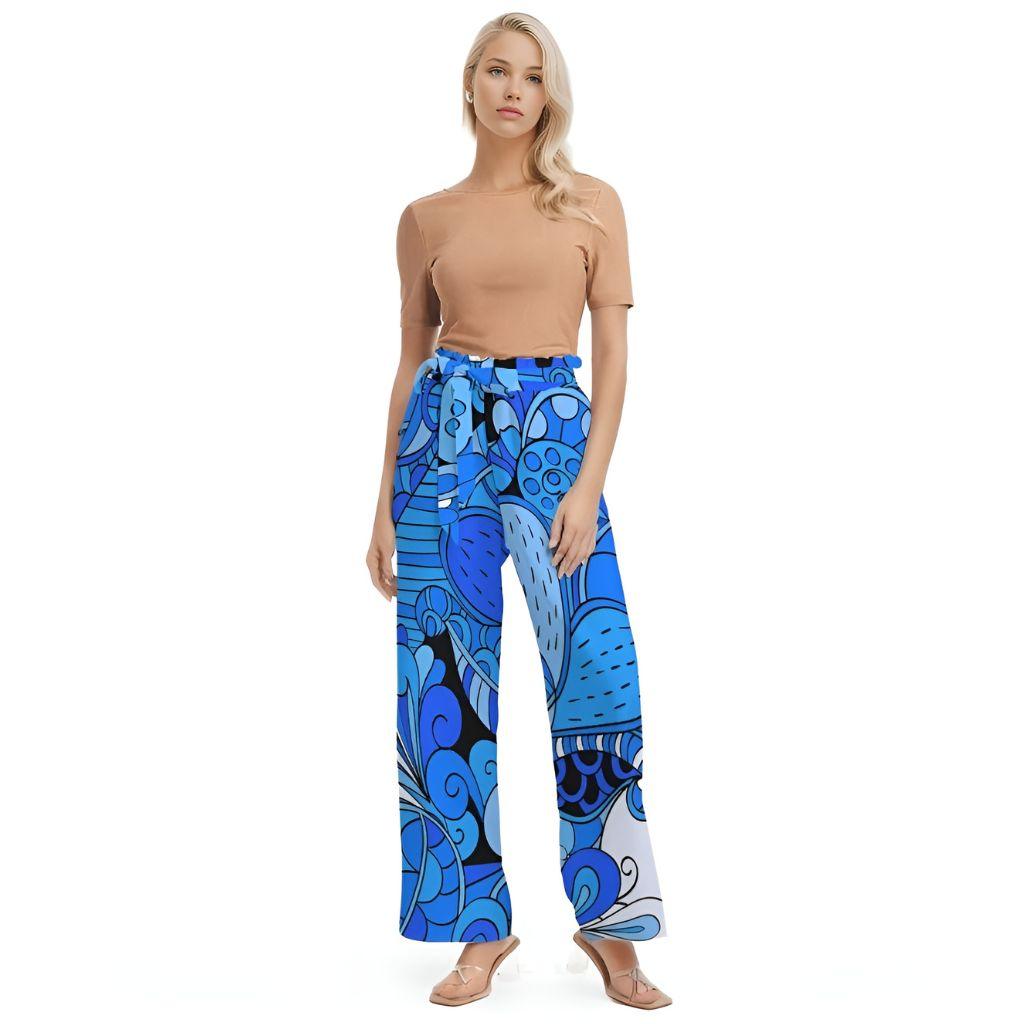 Ima Blue Kaleidoscope Paisley High-Rise Wide Leg Belted Pants Zen Doodle Tangle Psychedelic Mandala Mehndi Wild Retro Funky Bold Vibrant Print Palazzo