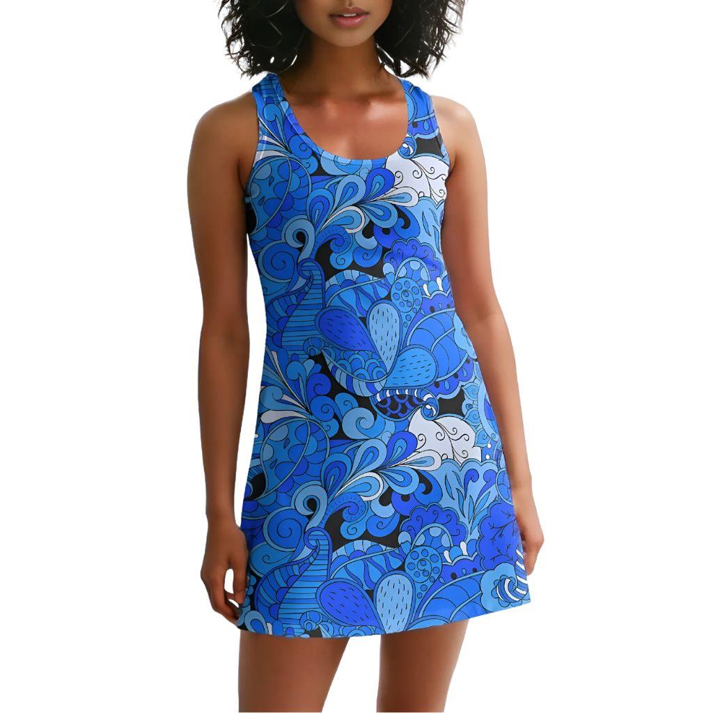 Ima Racerback Dress - Ribbed Knit - Blue Psychedelic Paisley Floral Swirls Retro Funky Bold Wild Abstract Scoop neck Lightweight