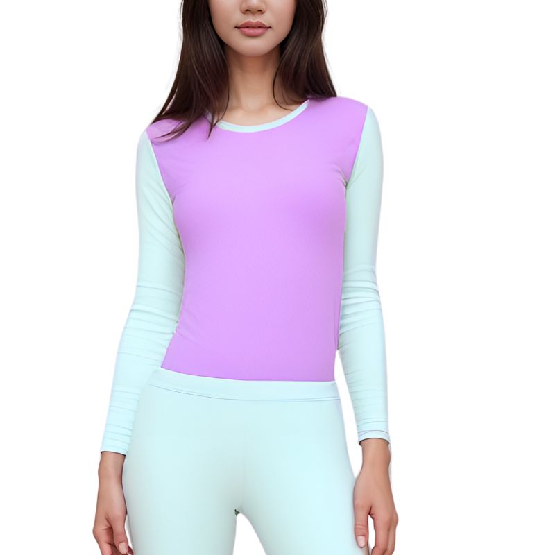 Color Block Long Sleeve Tee Regular & Slim Fit, Violet Green Cotton Spandex Poly Crewneck Blissfully Brand