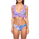 Imi Ruffle Edge Low Rise Bikini Set - Blue Violet Paisley Print Retro Beachwear Scallop Tie Color Block Pattern Swirls