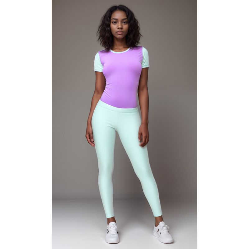 Color Block Long Sleeve Tee Regular & Slim Fit, Violet Green Cotton Spandex Poly Crewneck with coordinating leggings Blissfully Brand