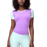 Color Block Short Sleeve Tee Regular & Slim Fit, Violet Green Cotton Spandex Poly Crewneck Blissfully Brand