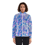 Geometric Floral Abstract Print High Neck Retro Women's Bomber Jacket in Vibrant Bold Blue Violet - Blissfully Brand