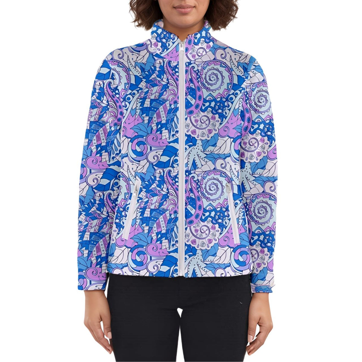 Geometric Floral Abstract Print High Neck Retro Women's Bomber Jacket in Blue Violet - Blissfully Brand