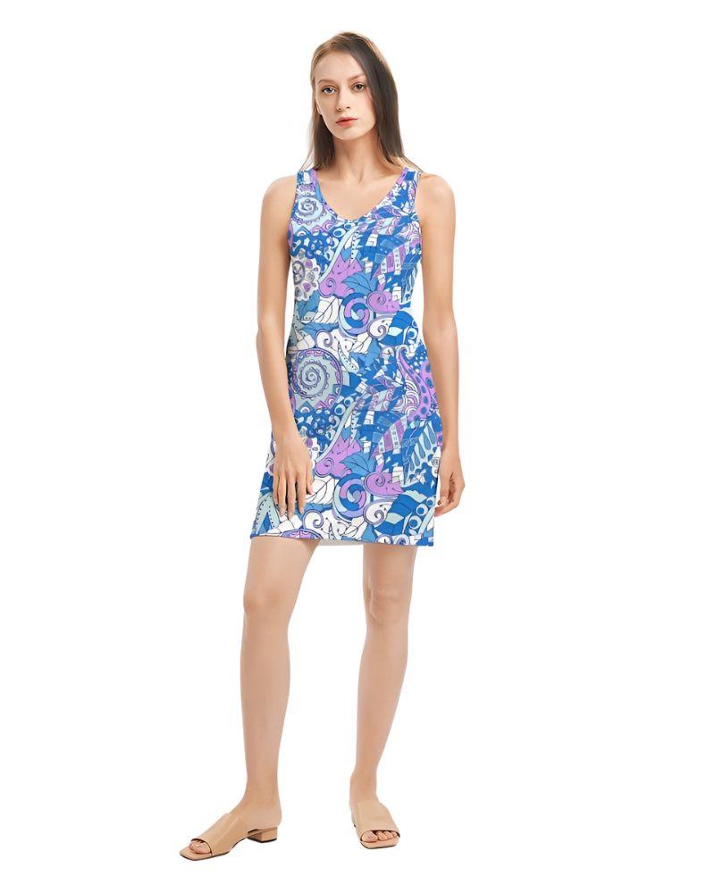 Stunning blue and purple floral print sleeveless mini dress perfect for summer! This dress is made from a lightweight and comfortable ribbed knit fabric