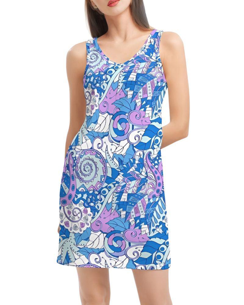 Vibrant blue and purple abstract print sleeveless mini dress, perfect for summer. Stylish, comfortable tank dress with eye-catching swirl pattern. Versatile women's fashion for casual outings or beach vacations. Trendy bodycon fit flatters figure