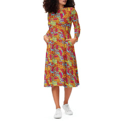 Inela Flower Power Retro Long Sleeve Fit & Flare Midi Dress Psychedelic Paisley Floral Red Yellow Orange Vibrant Bold Plus Size Pockets Round Neck 