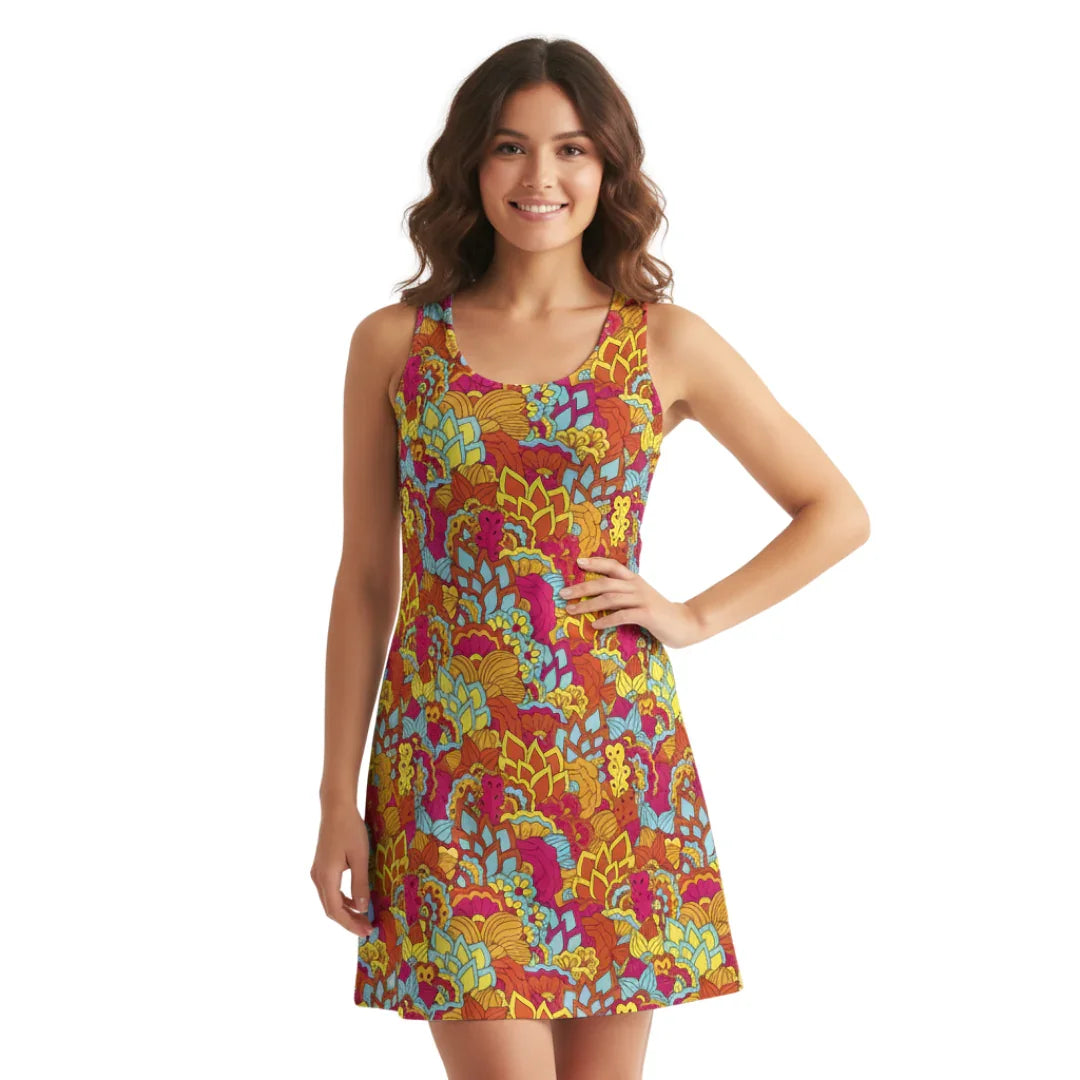 Inela Racerback Mini Dress - Psychedelic Vibrant Retro Floral Paisley Bold Funky Multicolor Kaleidoscope Mini Tank Scoop Neck. Retro Flower Power - Blissfully Brand