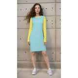 Chic turquoise and yellow Inela Series Spacer Fabric Dress in long sleeves and crew neck for vibrant fashionistas. Blissfully Brand