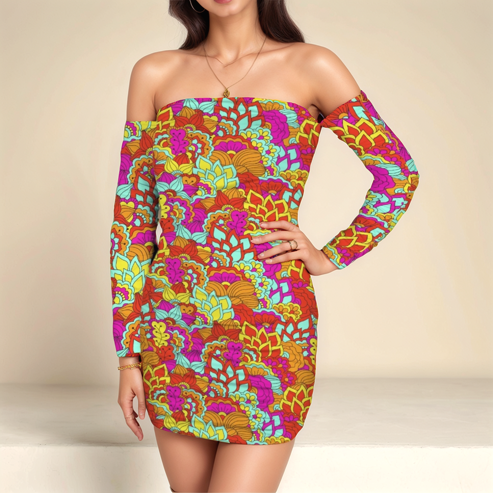 Off-shoulder bodycon mini dress with colorful floral pattern in turquoise, magenta and orange - Retro Flower Power Hippie Chic - Blissfully Brand