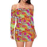 Vibrant Inela off-the-shoulder mini dress featuring a colorful floral print. The ruched design accentuates the waistline with this flower power psychedelic retro chic piece - Blissfully Brand