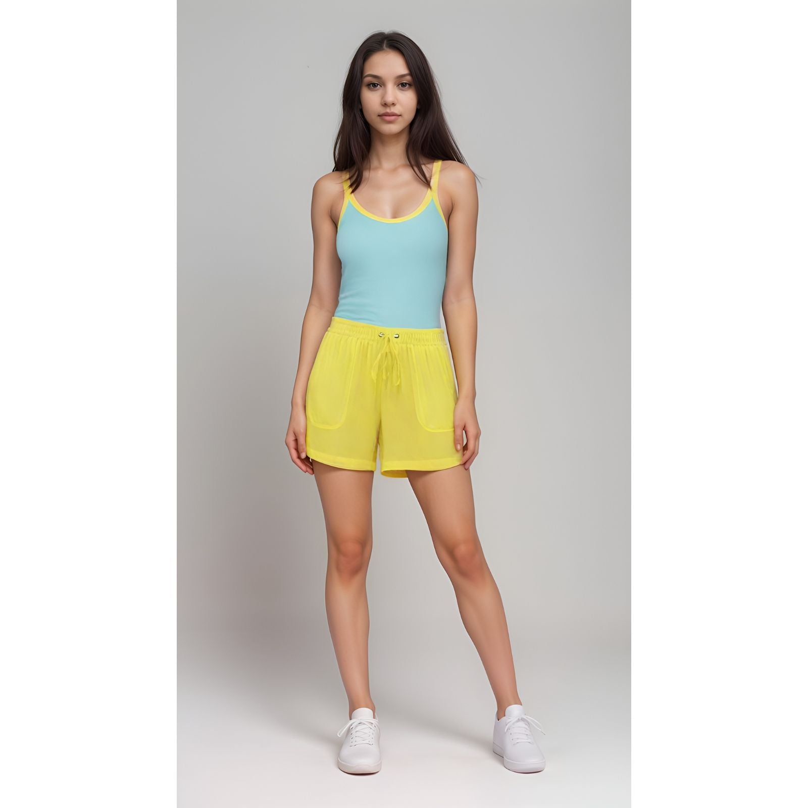 Inela Light Blue Contrast Yellow Trim Cami Top Tank Scoop Neck  Yellow Drawstring Shorts 2 piece Summer Styles - Blissfully Brand