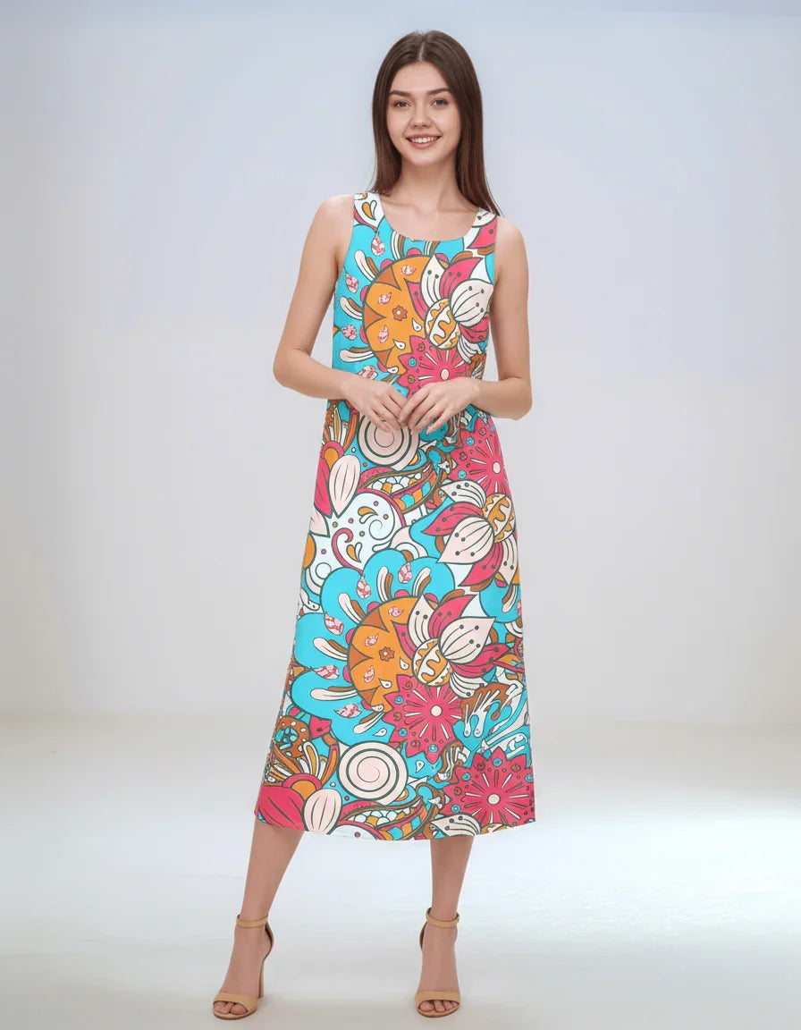 Inia Print Maxi Dress – Colorful Floral Pattern Sleeveless Summer Dress - Retro Chic Vibrant & Bold - Profonde by Blissfully Brand