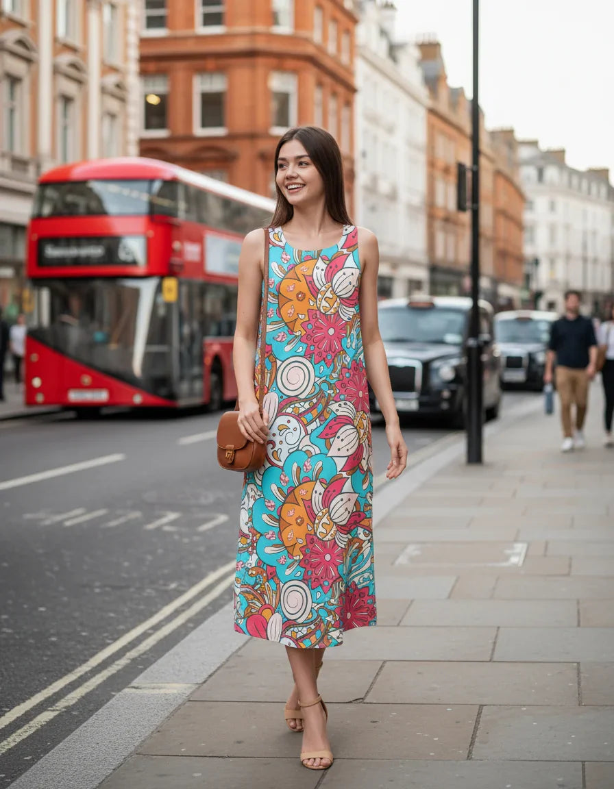 Inia Print Maxi Dress – Colorful Floral Pattern Sleeveless Summer Dress - Retro Chic Vibrant & Bold - Profonde by Blissfully Brand
