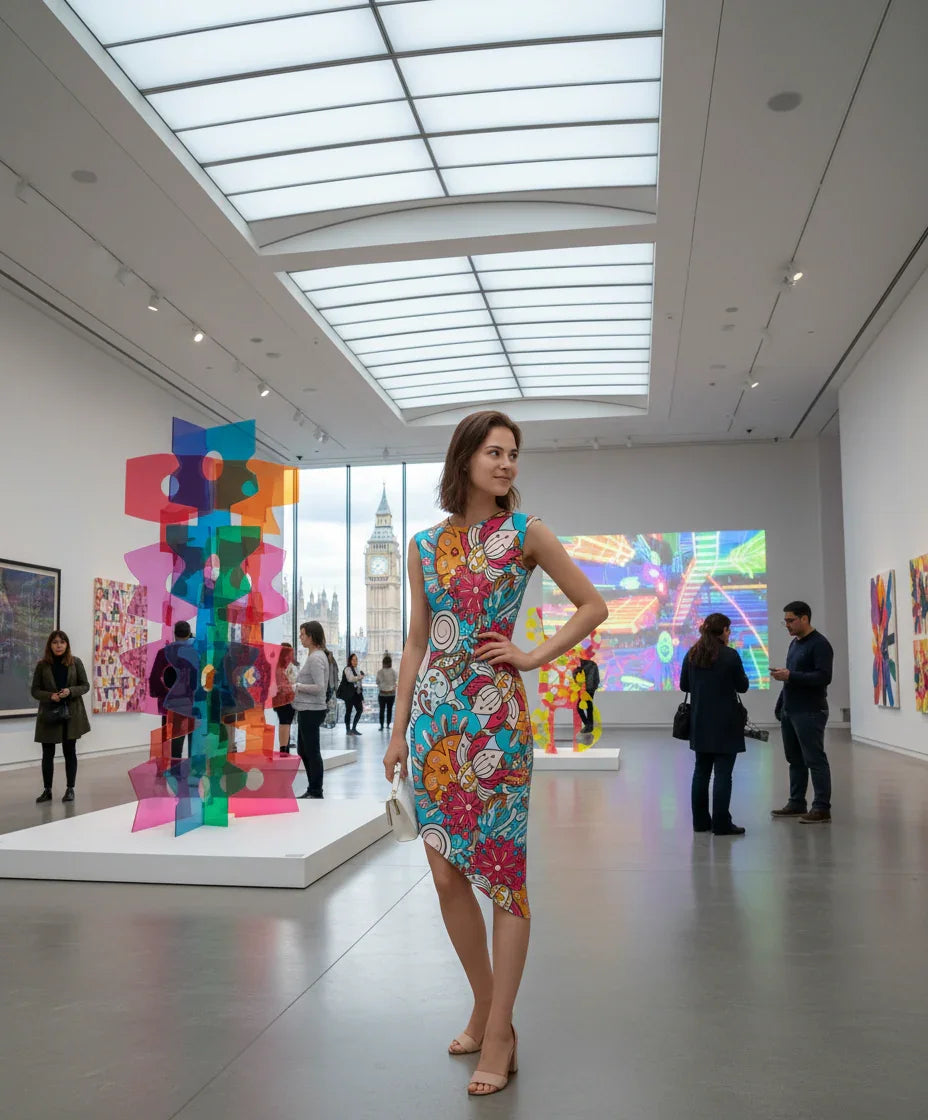 vibrant, asymmetrical Inia print midi dress featuring a aquatic bold floral pattern in turquoise, pink, and orange. The dress is sleeveless , cap sleeve with a round neckline - Profonde by Blissfully Brand
