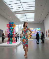 vibrant, asymmetrical Inia print midi dress featuring a aquatic bold floral pattern in turquoise, pink, and orange. The dress is sleeveless , cap sleeve with a round neckline - Profonde by Blissfully Brand
