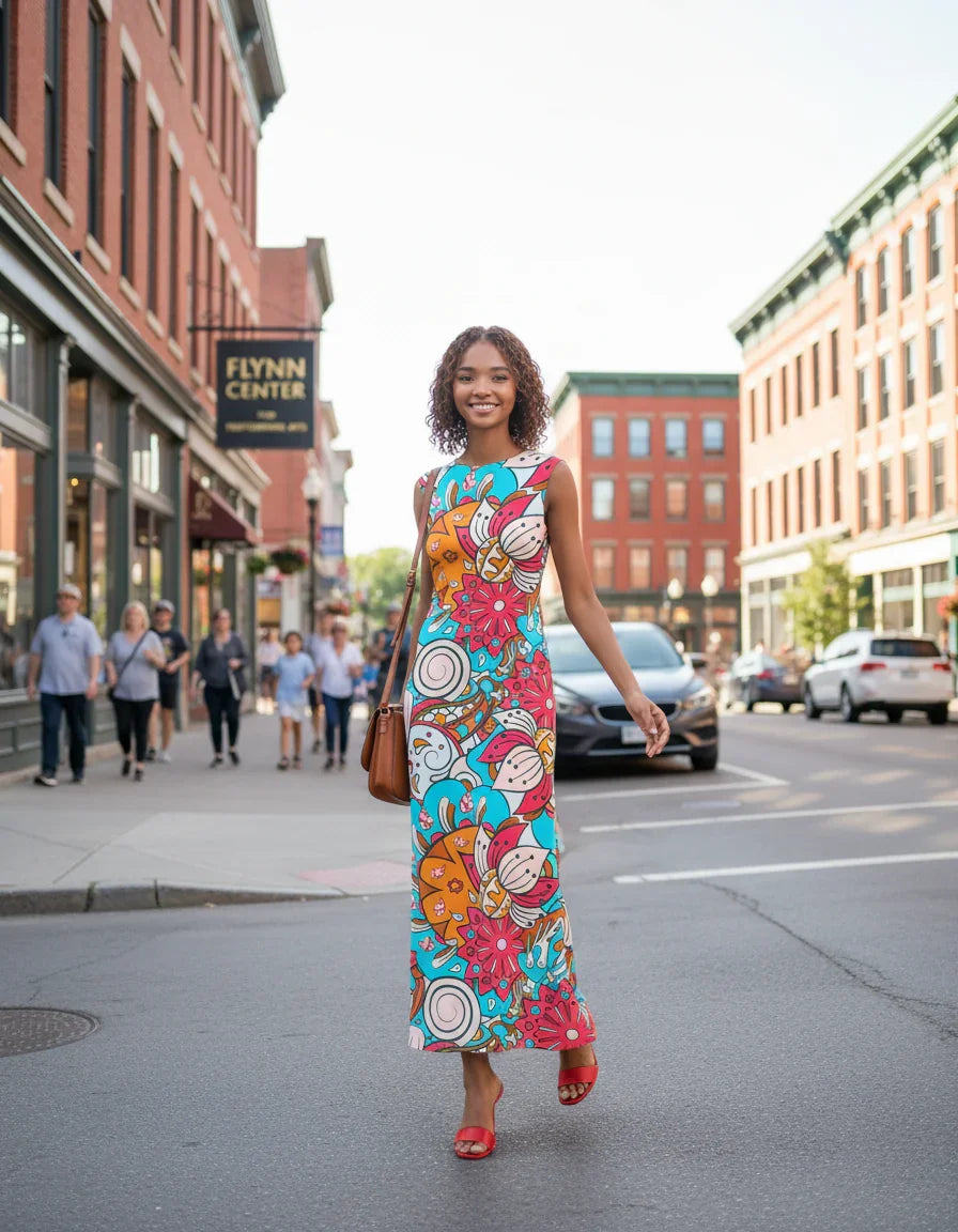 Bright and colorful Inia print flowy sleeveless maxi dress with bold ocean-inspired patterns in blue, orange, and pink - Profonde by Blissfully Brand
