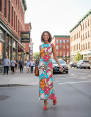 Bright and colorful Inia print flowy sleeveless maxi dress with bold ocean-inspired patterns in blue, orange, and pink - Profonde by Blissfully Brand