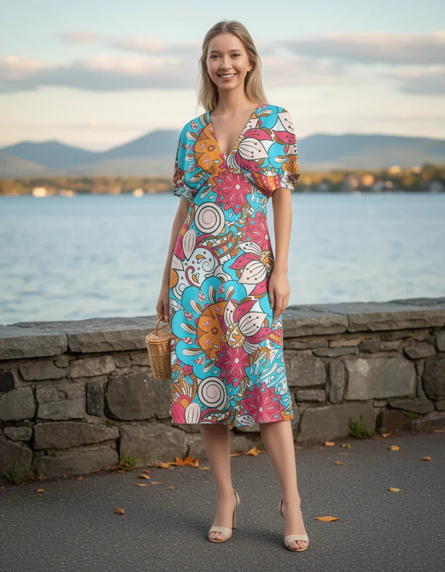 Colorful Inia print draped V-neck dress with floral swirl pattern, midi-length, and flowing silhouette - Profonde by Blissfully Brand