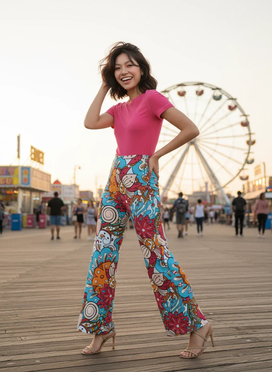 Inia Print Palazzo Pants - Bohemian Style Wide Leg Trousers Vibrant and Bold Colorful Retro Floral Psychedelic Chic - Statement Piece - Profonde by Blissfully Brand