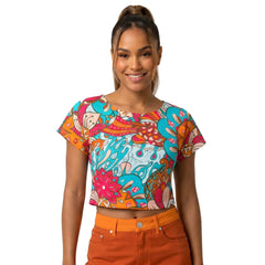 Inia Print Statement Crop Tee in turquoise, hot pink, burnt orange and cream psychedelic floral print — women's bold made-to-order crop top from the London Bliss Collection by Blissfully Brand