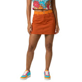 Blissfully Brand Inia Color Block Stretch Denim Mini Skirt in Burnt Orange and Flush Orange, styled with Inia psychedelic print crop top and color block sneakers — London Bliss Collection, made to order