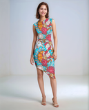 vibrant, asymmetrical Inia print midi dress featuring a aquatic bold floral pattern in turquoise, pink, and orange. The dress is sleeveless , cap sleeve with a round neckline - Profonde by Blissfully Brand