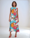 Bright and colorful Inia print flowy sleeveless maxi dress with bold ocean-inspired patterns in blue, orange, and pink - Profonde by Blissfully Brand