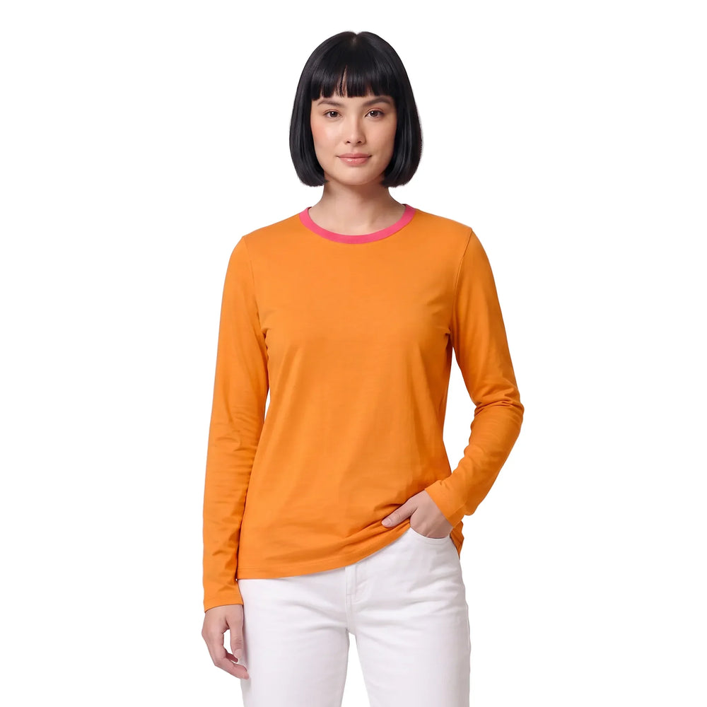 Inia Color Series Long Sleeve Tee in Flush Orange with Amaranth Red neckline, Bold and vibrant women's tops - Blissfully Brand