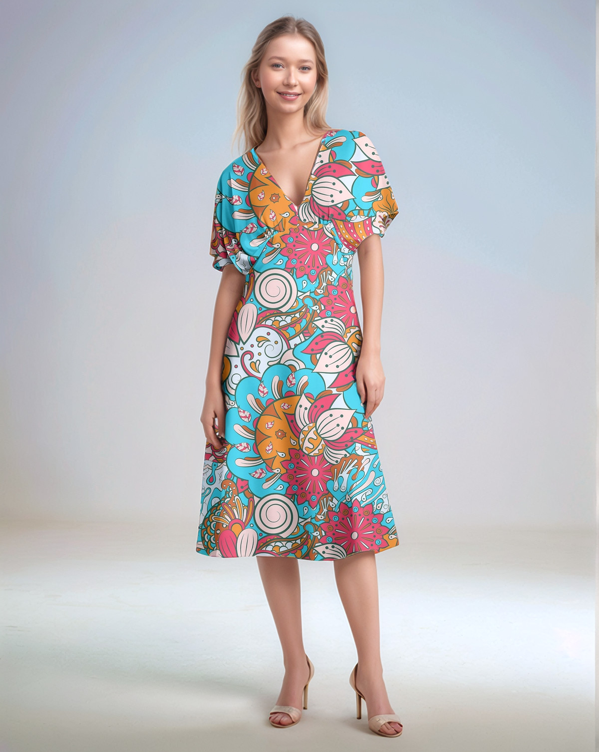 Colorful Inia print draped V-neck dress with floral swirl pattern, midi-length, and flowing silhouette - Profonde by Blissfully Brand