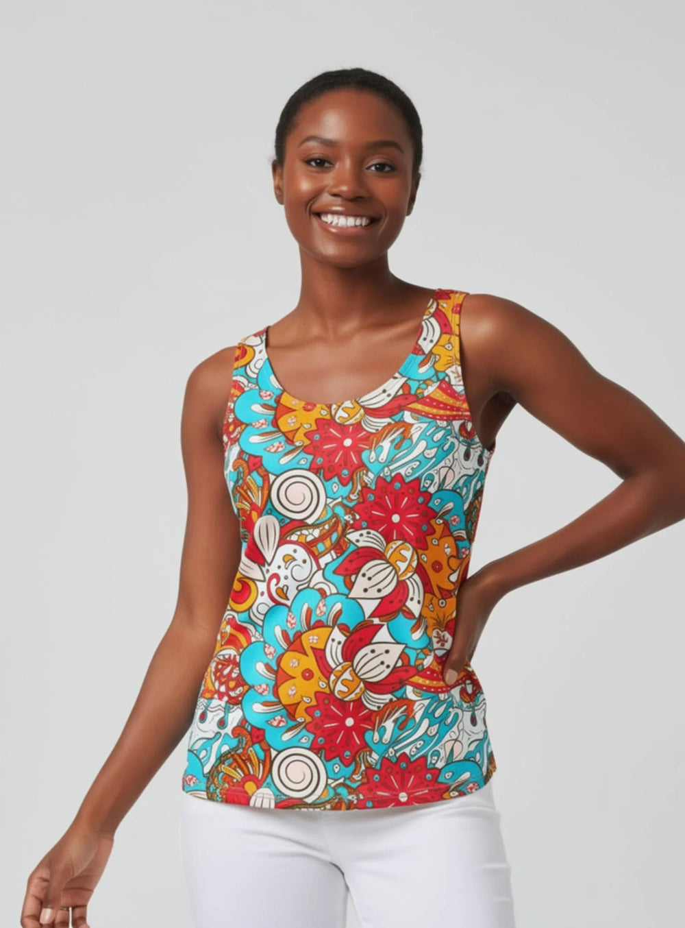 Inia Print Round Neck Tank Top in electric turquoise, crimson red, and amber orange pop-art florals — Premium ITY Knit, handmade to order in Montreal, Profonde Collection by Blissfully Brand