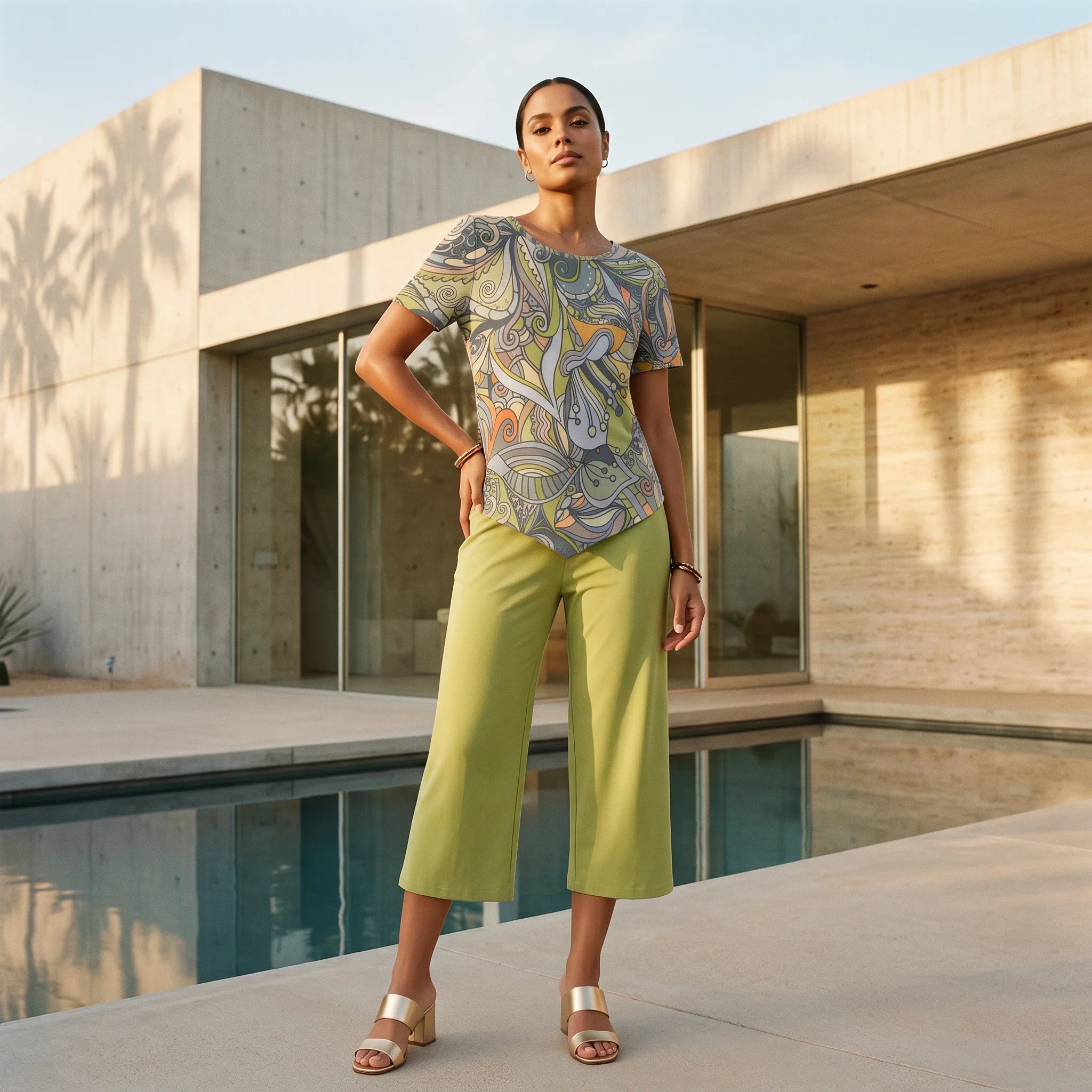 Jana Handkerchief-Hem Top & Cropped Wide-Leg Pant Set