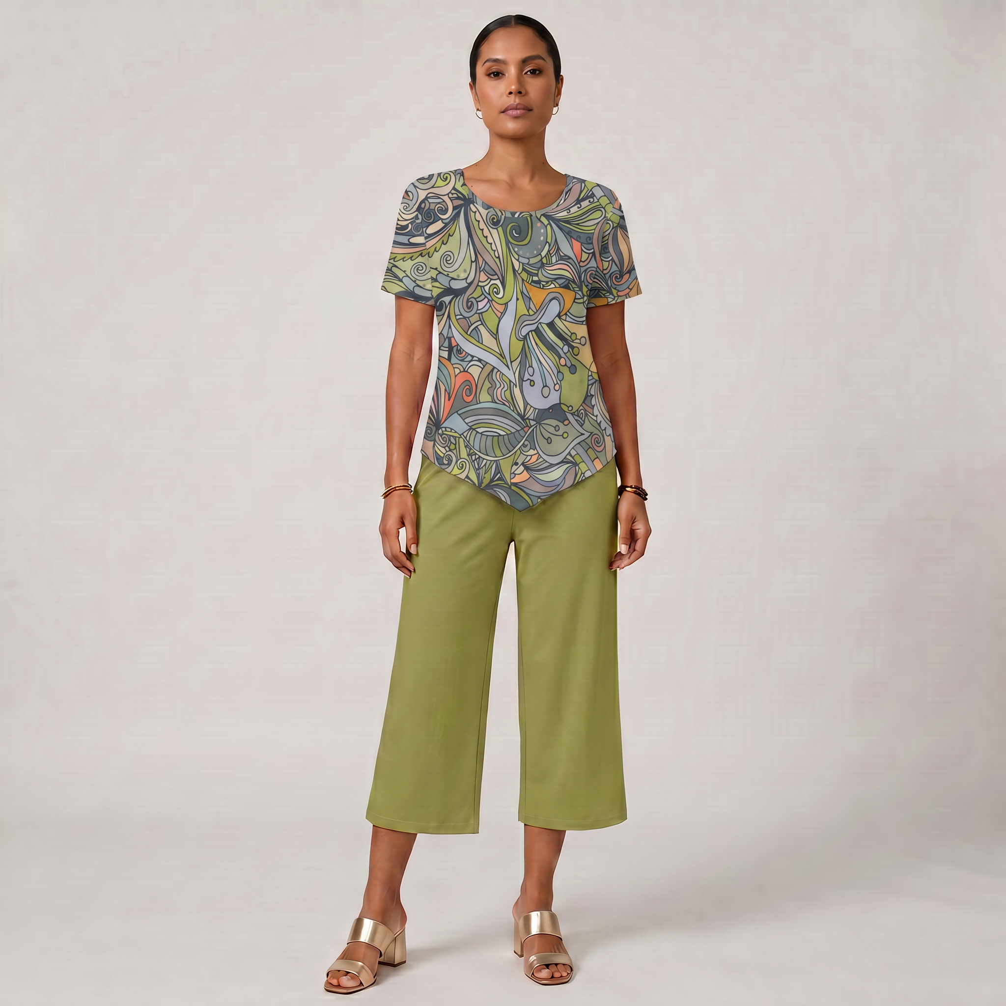 Jana Handkerchief-Hem Top & Cropped Wide-Leg Pant Set