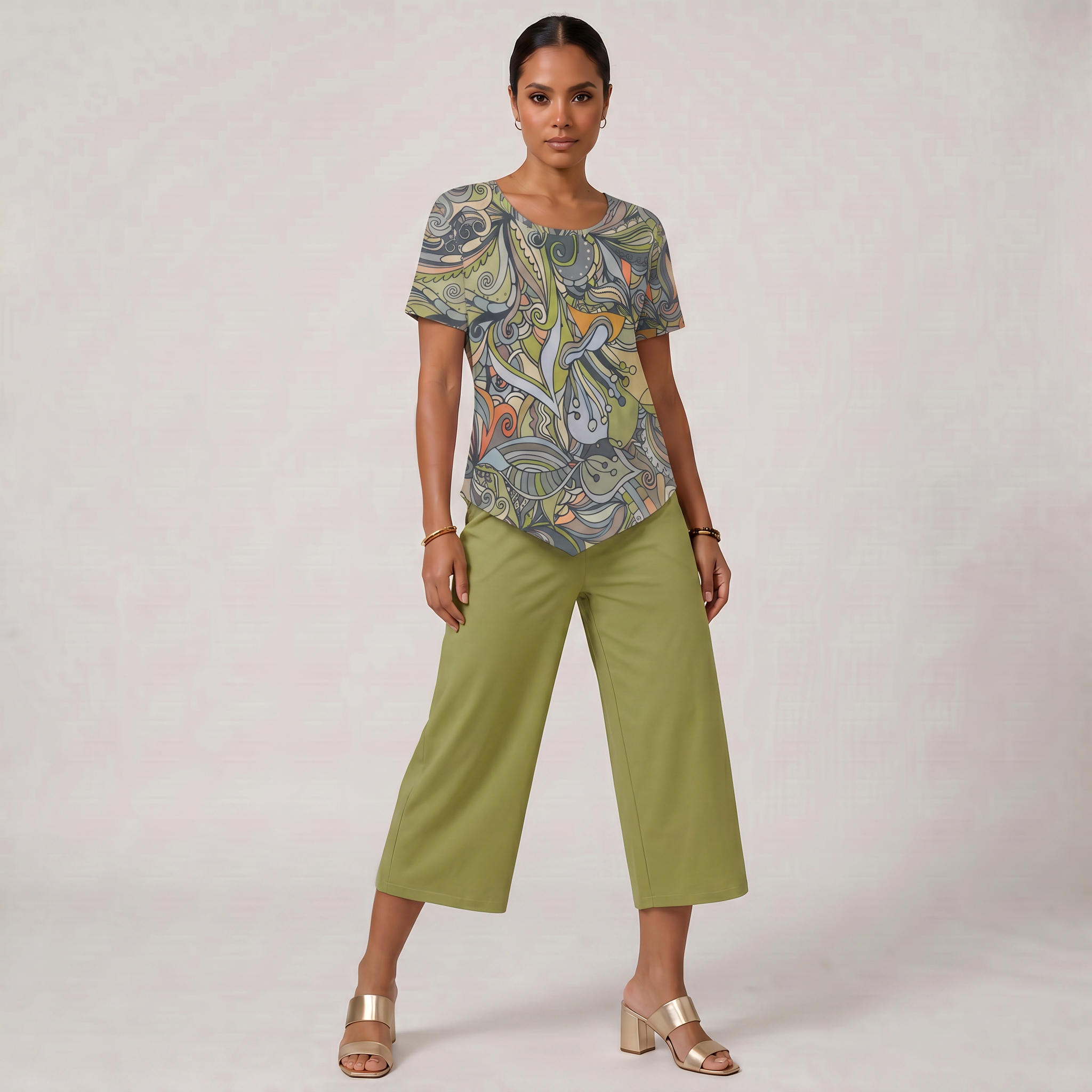 Jana Handkerchief-Hem Top & Cropped Wide-Leg Pant Set