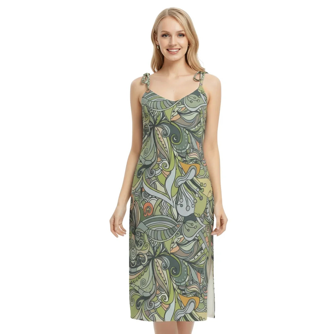 Jana Tie Strap Split Chiffon Midi Dress - Wild Paisley Print V-neck All over Split Leg Psychedelic Retro Green Yellow Brown Abstract Swirls Floral - Blissfully Brand