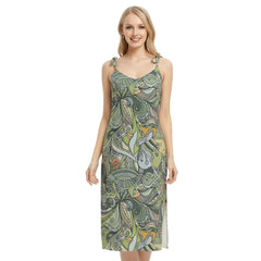 Jana Tie Strap Split Chiffon Midi Dress - Wild Paisley Print V-neck All over Split Leg Psychedelic Retro Green Yellow Brown Abstract Swirls Floral - Blissfully Brand