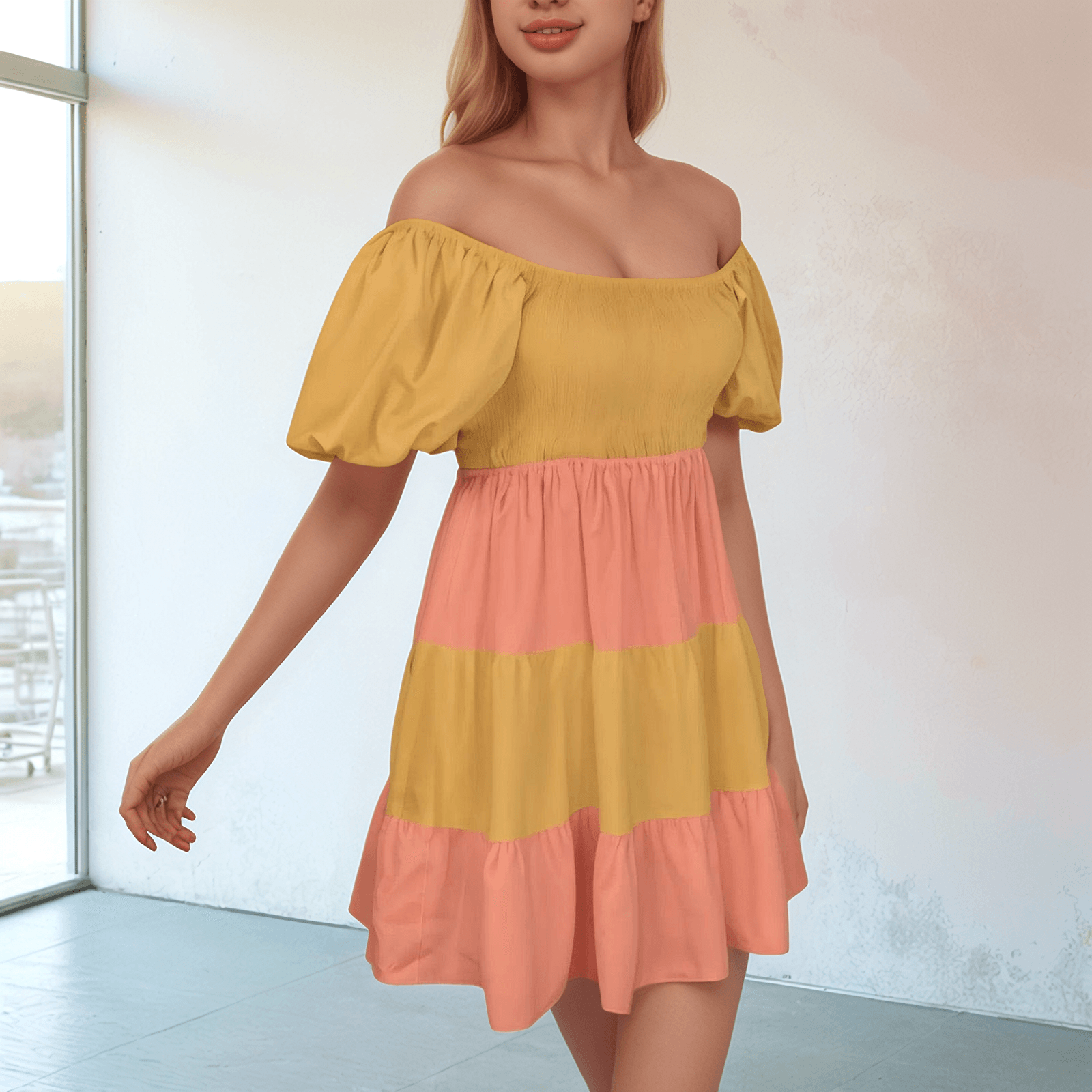 Jana Two Tone Tiered Square Neck Mini Swing Dress