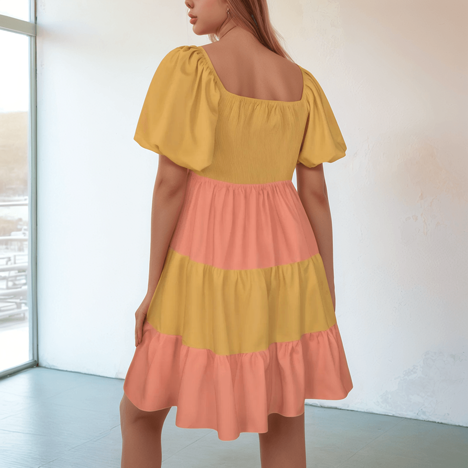 Jana Two Tone Tiered Square Neck Mini Swing Dress