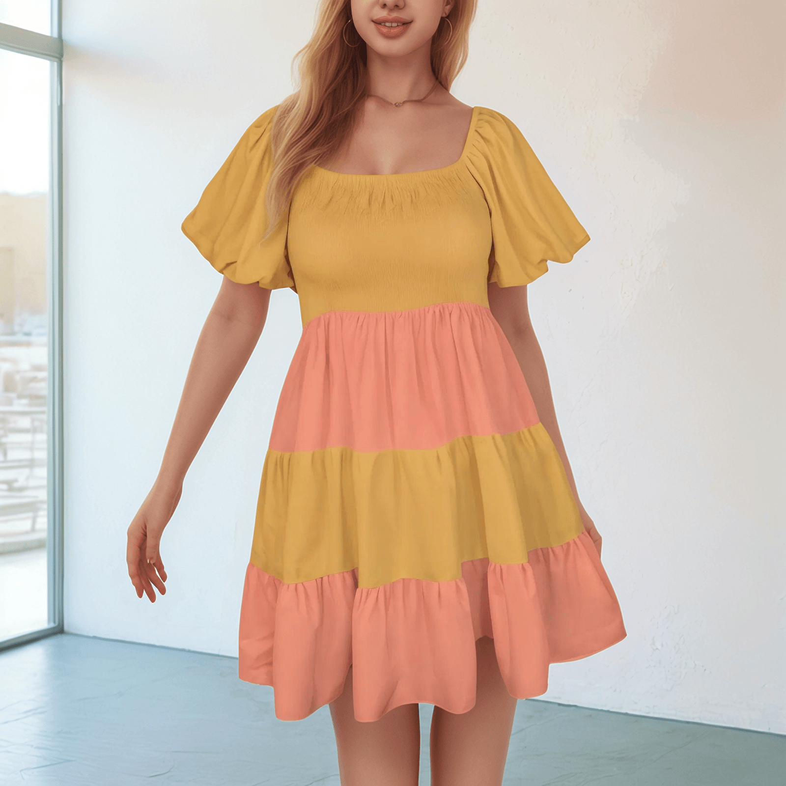 Jana Two Tone Tiered Square Neck Mini Swing Dress