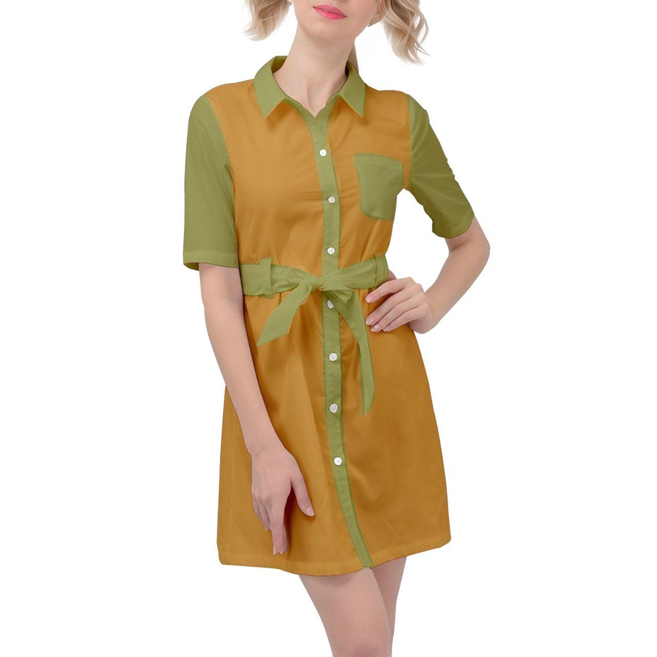 Retro Stylish two-tone shirt dress in mustard yellow and sage green with short sleeves, button-down front, and waist tie