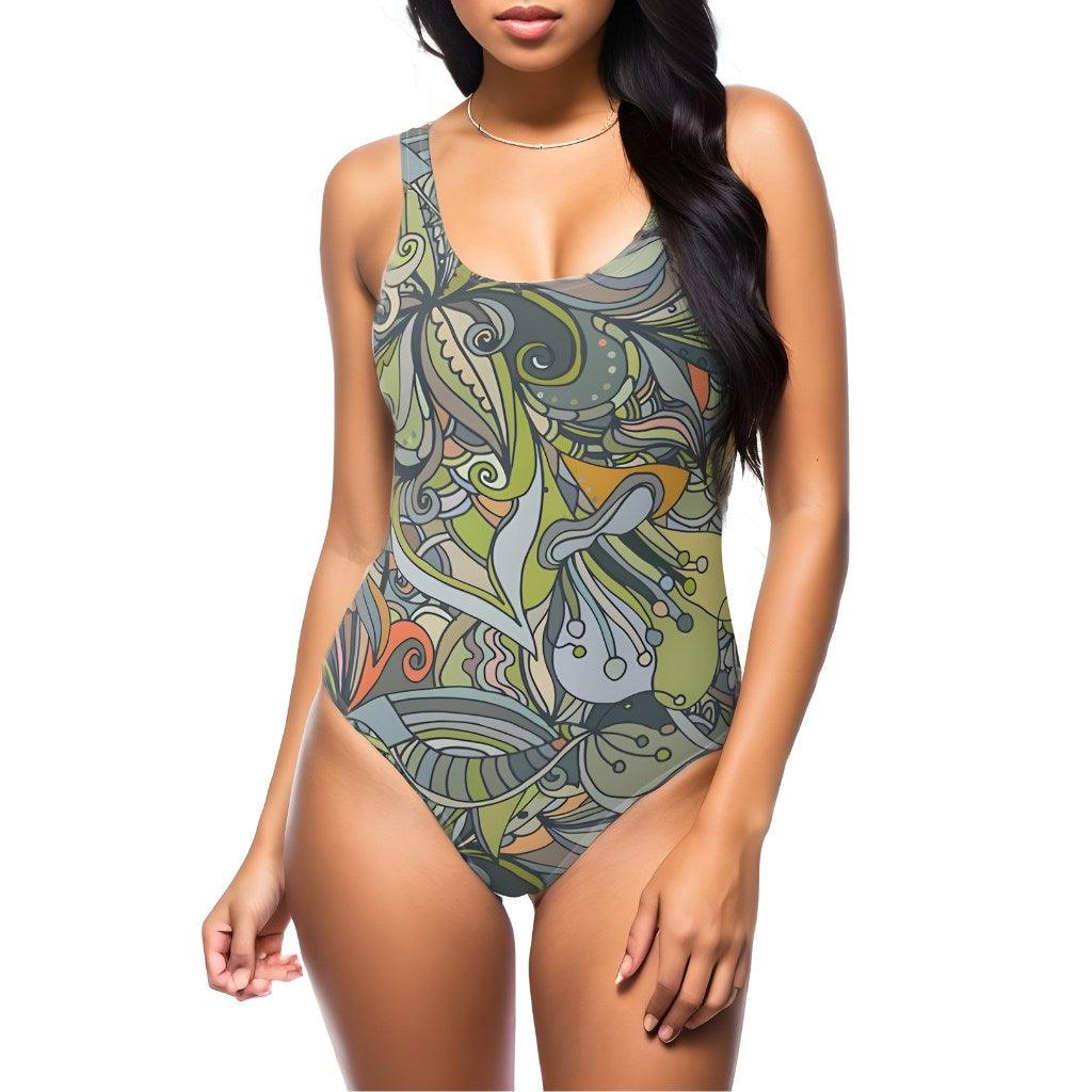 Jana Scoop Neck Low Scoop Back One-Piece Swimsuit - Floral Abstract Kaleidoscope Green Yellow Brown Retro Funky Swirls Plus Size Women's Swimwear Beachwear