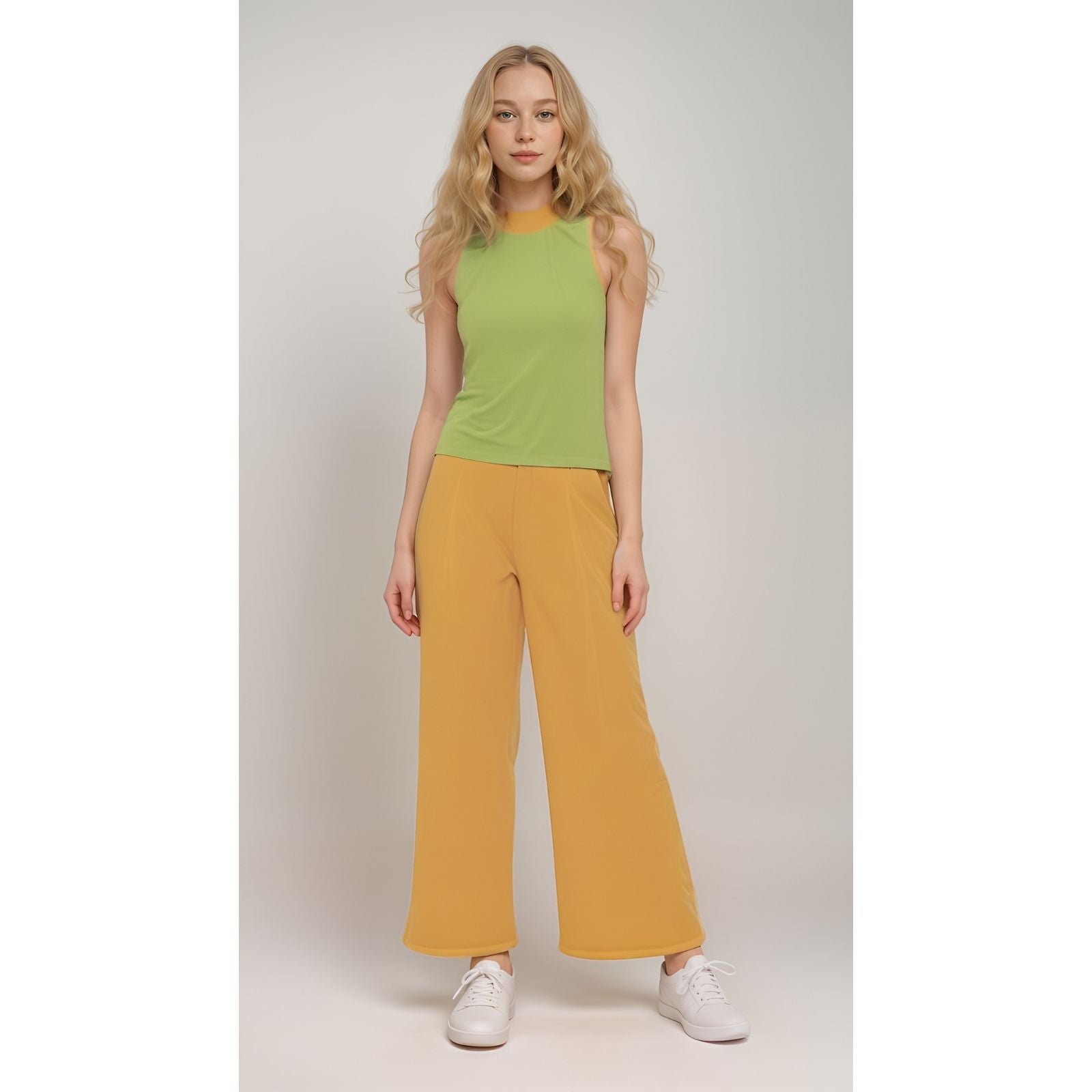 Jana Contrasting Mock Neck Tank Top Vibrant Olive Green fitted with Coordinating wide leg pants Blissfully Brand