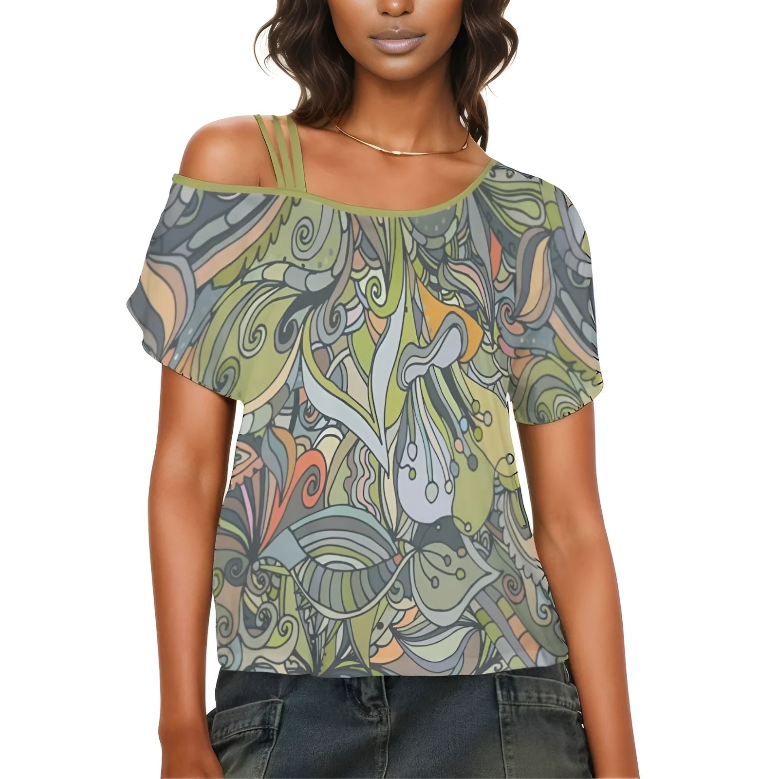 Jana Off Shoulder Strap Top Cold Shoulder Botanical Wild Psychedelic Retro Print Green Orange Blissfully Brand