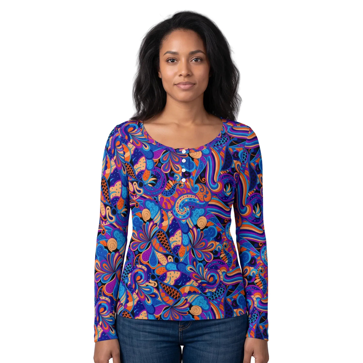 Jina Print long sleeve ribbed henley top in Retro pattern with blue purple orange swirling paisley-inspired abstract print, fitted knit women’s top - Blissfully Brand