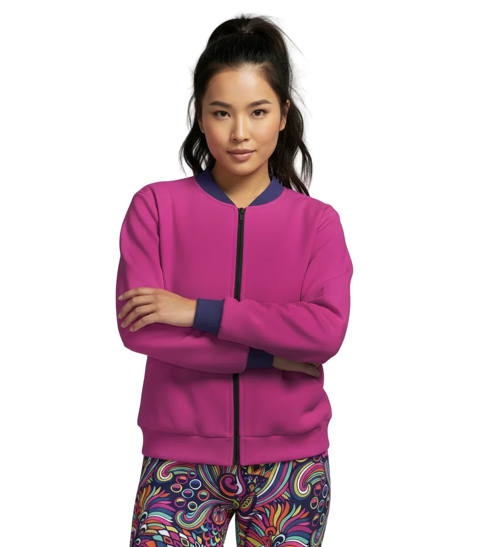 Juhla Color Series Bomber Jacket in Red Violet with Tolopea Blue Accents – Stylish Women's Zip-Up Jacket Complementing Juhla Series - Blissfully Brand
