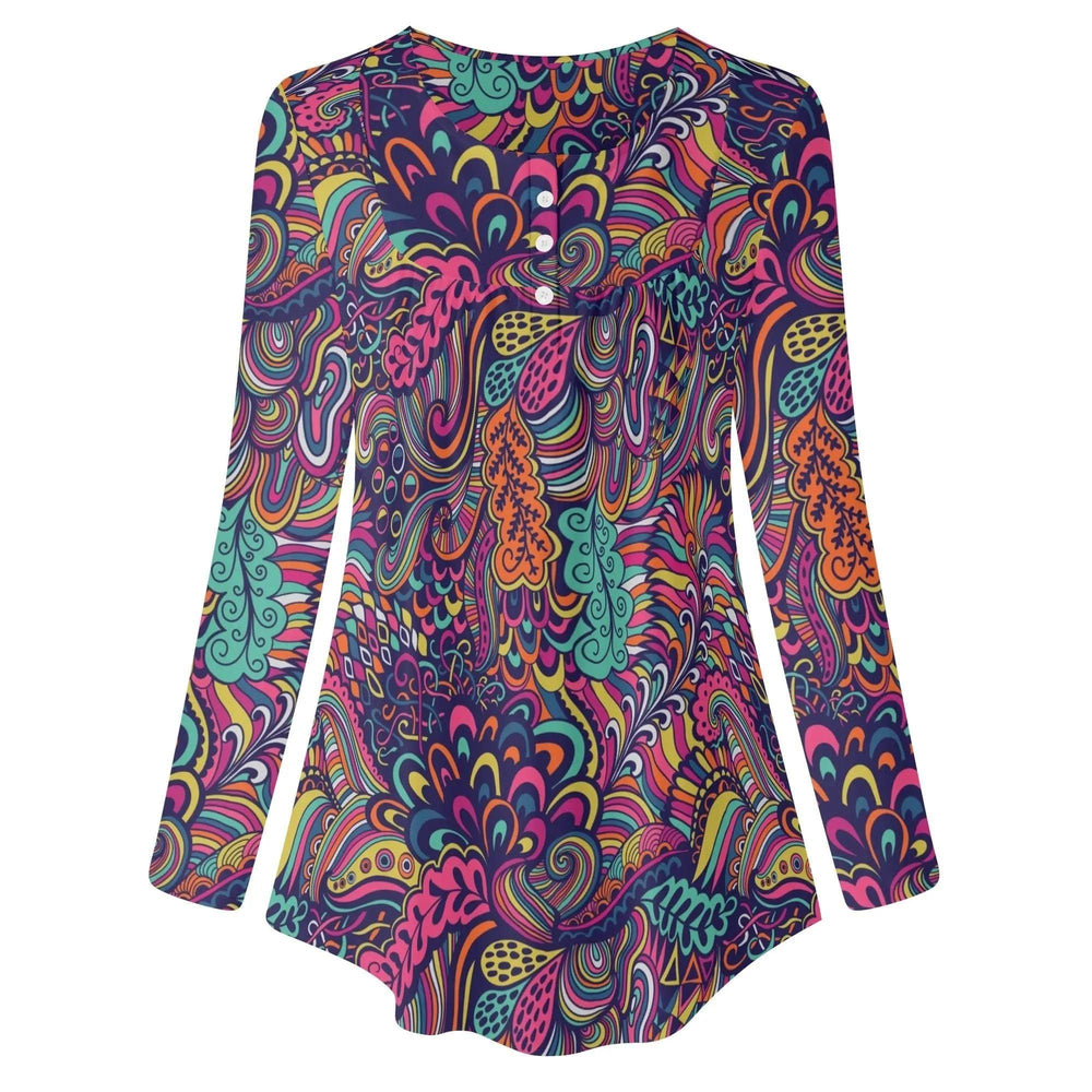 Colorful Bohemian Psychedelic Paisley Pattern Long-Sleeve Blouse Pleated Top Round Neck Blissfully Brand